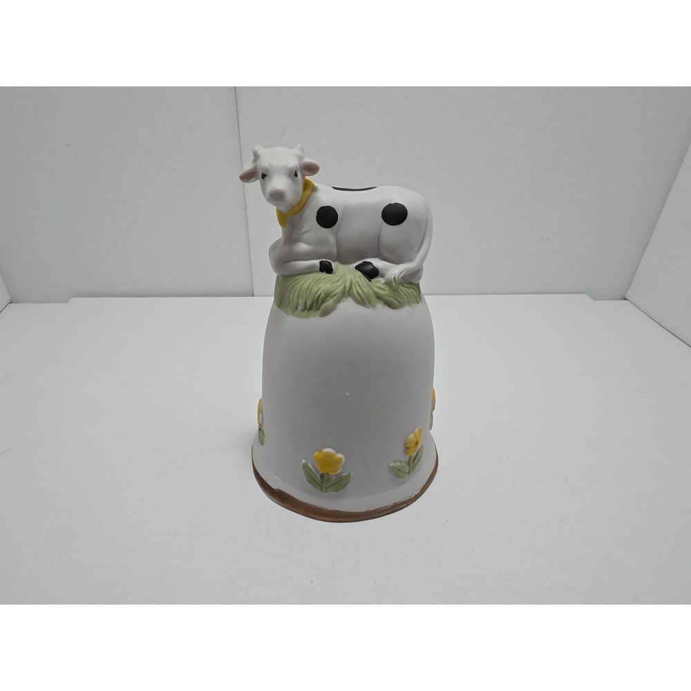 Vintage Ceramic Holstein Cow Bell Figurine White with Yellow Flowers Farmhouse